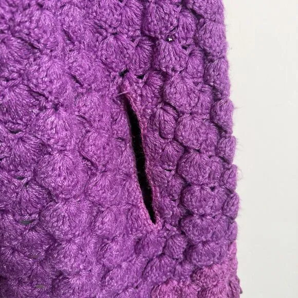 Handknit Crochet Purple Cape Poncho Wrap Sweater Chunky Fringe Granny Beige Boho - Picture 6 of 15